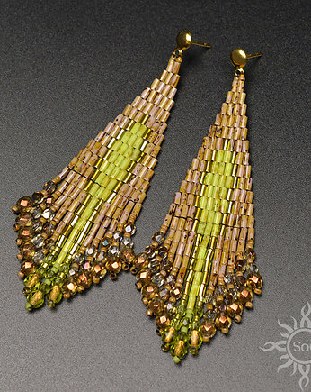 Levantas, brązowozielone "indiańskie" kolczyki, beading, Sol
