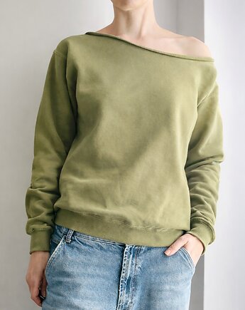 Oliwkowa bluza oversize z ciętym dekoltem ze ściągaczami, ONE MUG A DAY