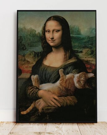 PLAKAT Mona Lisa z kotem portret , zabawny prezent dla kociary, black dot studio
