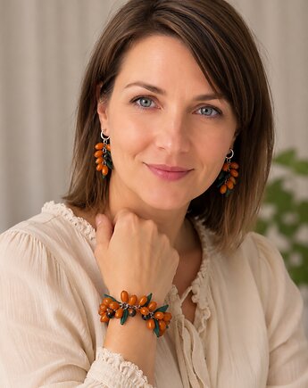 Bransoletka i kolczyki ręcznie robione. Rokitnik zwyczajny z czarną poraczką, MariaPolymer