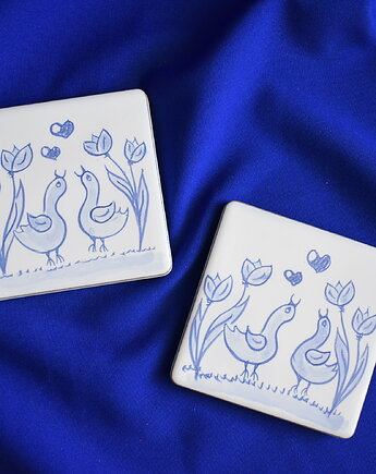 Kafle ręcznie malowane- Rustykalne podkładki kurki kobaltowe, Kobaltowa Sroka
