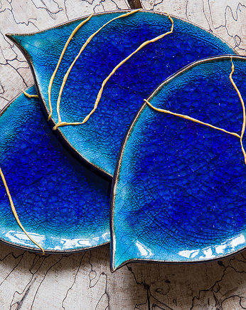 Talerze liście  niebieskie / kintsugi 3 szt, studnia ceramiczna