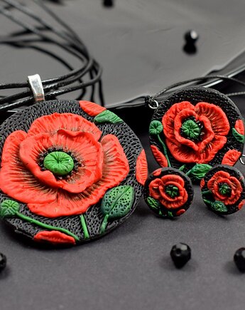 Komplet biżuterii "Czerwone maki" kolczyki sztyfty, naszyjnik, bransoletka, Pracownia Kameleon