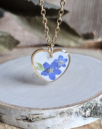 Złota zawieszka wisiorek kwiaty niezapominajki bukiet kwiatowy serce serduszko, zkwiatem
