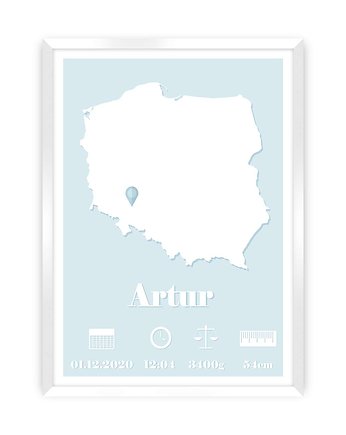 Metryczka The Map baby blue 30x40cm, Yellow Tipi