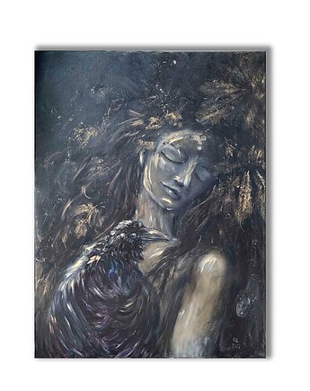 Obraz olejny ręcznie malowany 60x80cm "Kruk" las czarny, Galeria Alma