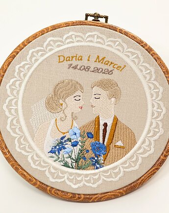 Haft ślubny w tamborku 20 cm, indywidualna pamiątka ślubna, rocznicowa 51, Plasun