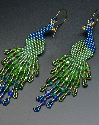 Pawie zielono-niebieskie, kolczyki z frędzlami, beading, Sol