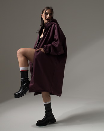 Ocieplany płaszcz longline hoodie oversize burgund, REST Factory