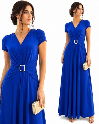 Chabrowa Maxi sukienka z drapowanym paskiem 34-52, MM FASHION