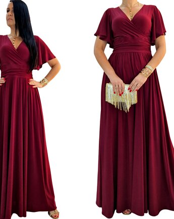 Sukienka wieczorowa maxi bordowa drapowana 36-56, MC Fashion