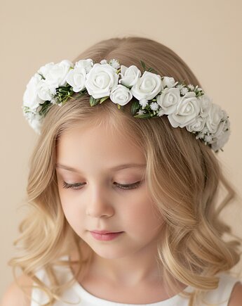 Wianek komunijny białe różyczki i gipsówka, Lola White