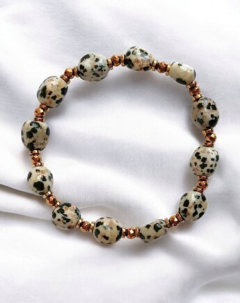 Bransoletka : jaspis dalmatyński i złoty hematyt : na gumce, kaktusia