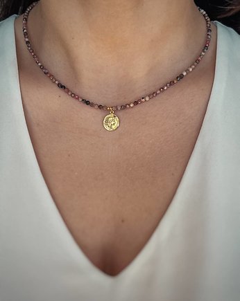 Naszyjnik z kamieni naturalnych Rodonit 3 mm kulka pozłacany z zawieszką, Bring Biżuteria