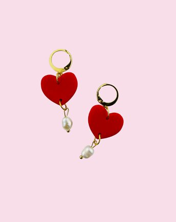 Kolczyki czerwone serduszka z perełką, Cuksy Jewellery