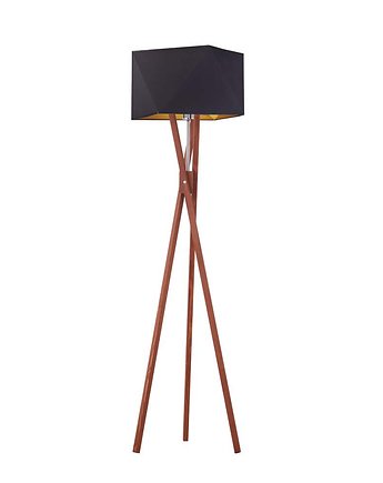 Drewniana lampa stojąca na 3 nogach do salonu z abażurem TULUZA GOLD, LYSNE