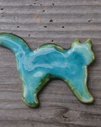Ceramiczny magnes kot zielono turkusowy, Gliniana Koniczynka