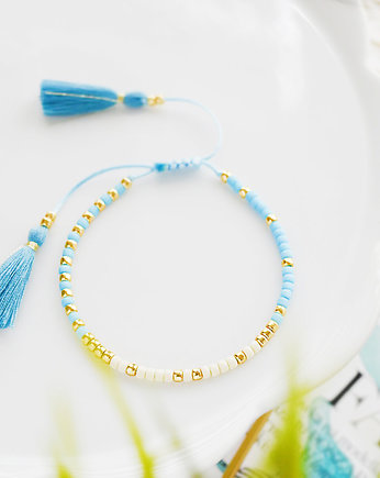 Bransoletka z chwostami błękitno-kremowa, Ilovehandmade