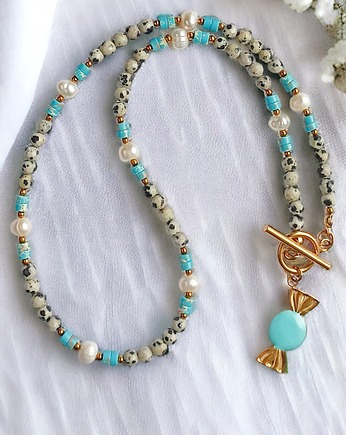 NASZYJNIK candy : jaspis dalmatyński, perły, jaspis cesarski, kaktusia