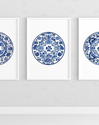 3 PLAKATY niebieskie chinoiserie , chińskie talerze, OKAZJE - Prezent na Ślub