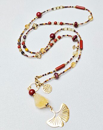 Długi Naszyjnik z Cytrynów i Mokaitów Gingko, ILEA