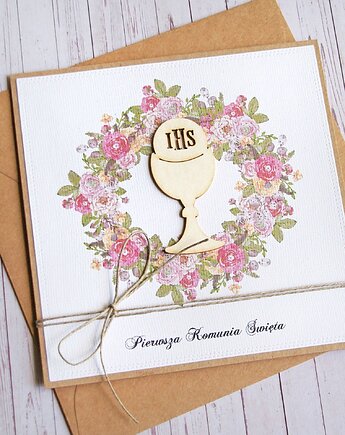 Kartka z życzeniami : I Komunia Święta : wianek różowy : hostia, kaktusia
