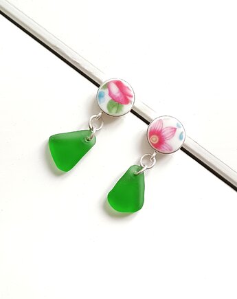 Kolczyki ceramiczne w kwiaty + szkło z morza, biżuteria z talerzy