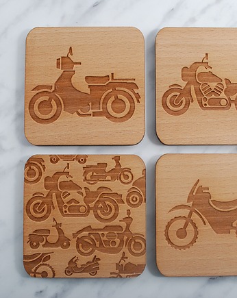 Zestaw 4 drewnianych podkładek pod kubek - motocykle, MOOD for WOOD