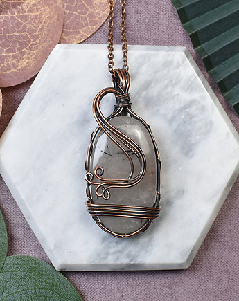 Miedziany wisiorek wire wrapping z kwarcem z rutylem #228, Spirit Of Copper