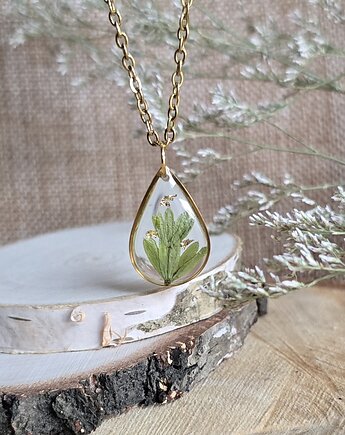 Wieczne kwiaty złoty wisiorek prawdziwe kwiaty naszyjnik zielone listki, zkwiatem