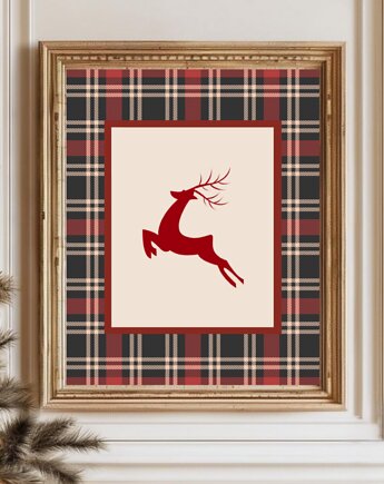 PLAKAT świąteczny jeleń vintage grafika krata, black dot studio