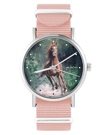 Zegarek - Koń, las - brzoskwiniowy róż, yenoo