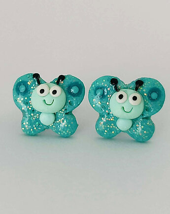 Brokatowe Turkusowe Kolczyki Motylki, OMIFIMO