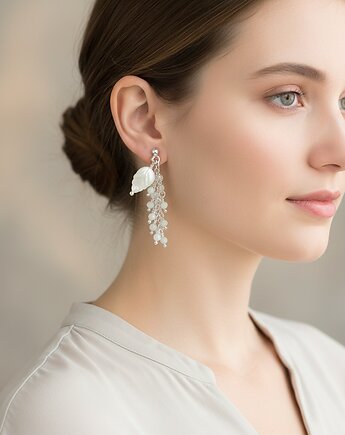 Kamień księżycowy, srebro 925, białe kolczyki, gronka, listek, RĘKODZIEŁO, Yamira Art Studio