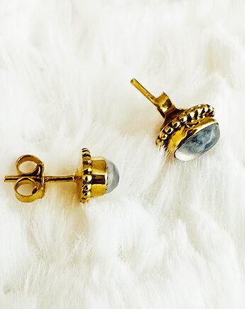 Kolczyki z labradorytem, złote sztyfty, szary kamień, Anemon Atelier