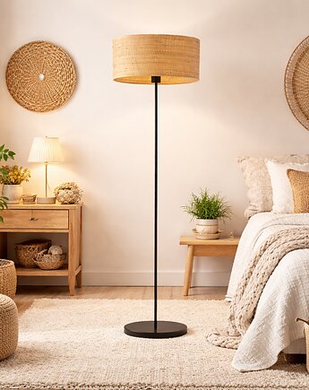 Lampa stojąca do sypialni w stylu boho WERONA BOHO z rattanowym abażurem, LYSNE