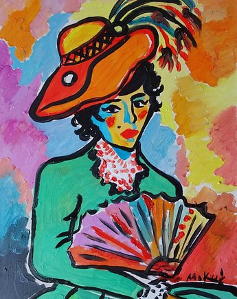 Obraz ręcznie malowany  fowizm piękna kobieta z wachlarzem, alice oil on canvas
