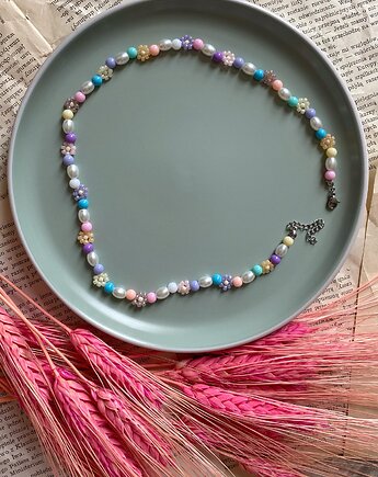 Kolorowy naszyjnik szklane perły koraliki akrylowe  kwiatki, Panji Handmade