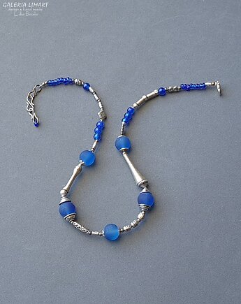 Vintage style uroczy naszyjnik z matowego błękitnego  szkła Prezent handmade, Galeria Limart