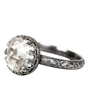 Srebrny oksydowany pierścionek Princess z kryształem górskim w stylu Vintage, Blooming Stones