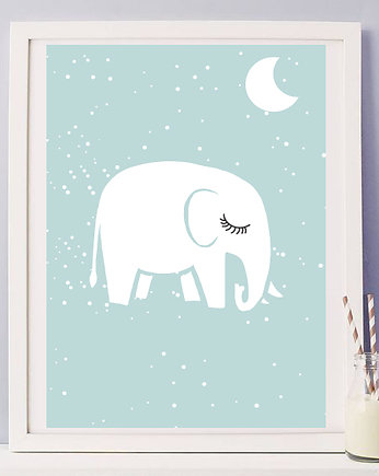 plakat biały słoń i księżyc, MUKI design