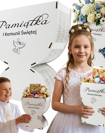 Prezent Pamiątka na Komunię Pudełko Box Kosz na Słodycze Kwiaty Kielich IHS, smxdsgn
