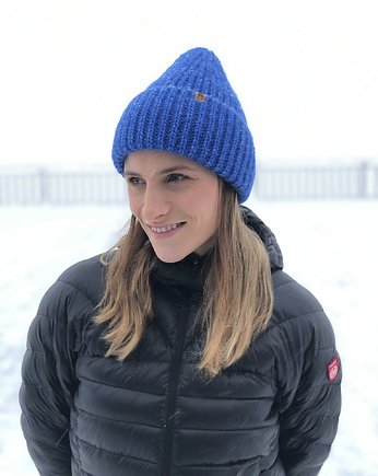 SOWA - duża puchata wełniana czapka- niebieski, KOPYTO