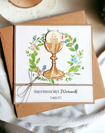 Kartka, PERSONALIZACJA : I Komunia Święta : kolorowy wianek : hostia 2., kaktusia