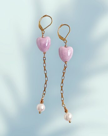 Kolczyki dłuuugie : serduszka ceramiczne i perły : różowe, kaktusia