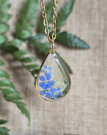 Złoty wisiorek prawdziwe kwiaty zawieszka łezka łza niezapominajki, zkwiatem