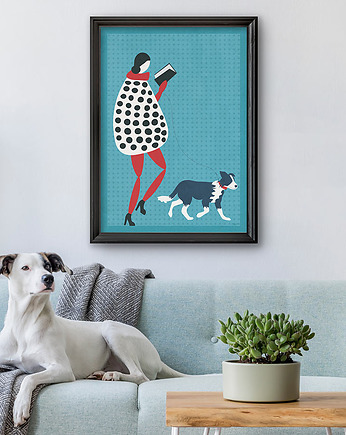Zaczytany spacer z psem - plakat fine art, minimalmill