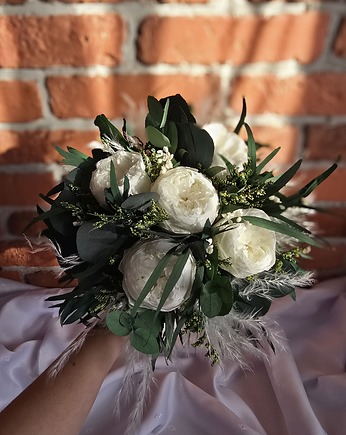 Stabilizowany bukiet ślubny z białymi różami i eukaliptusem, BohoSuszki
