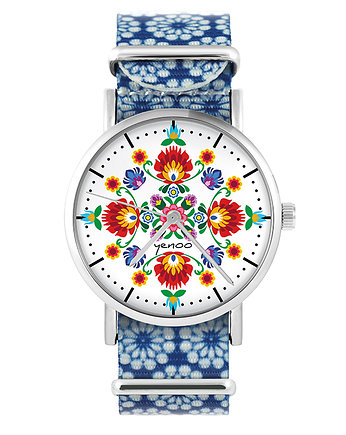 Zegarek - Folkowa mandala - niebieski, kwiaty, yenoo