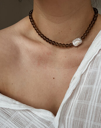 Naszyjnik Kwarc Dymny z perłą, Chmolowska Jewellery